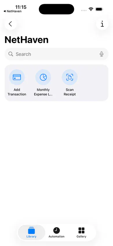 The Nethaven Add Transaction action in the iOS Shortcuts app